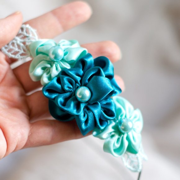 Turquoise Ribbon Flower Headband - Picture 3 of 7